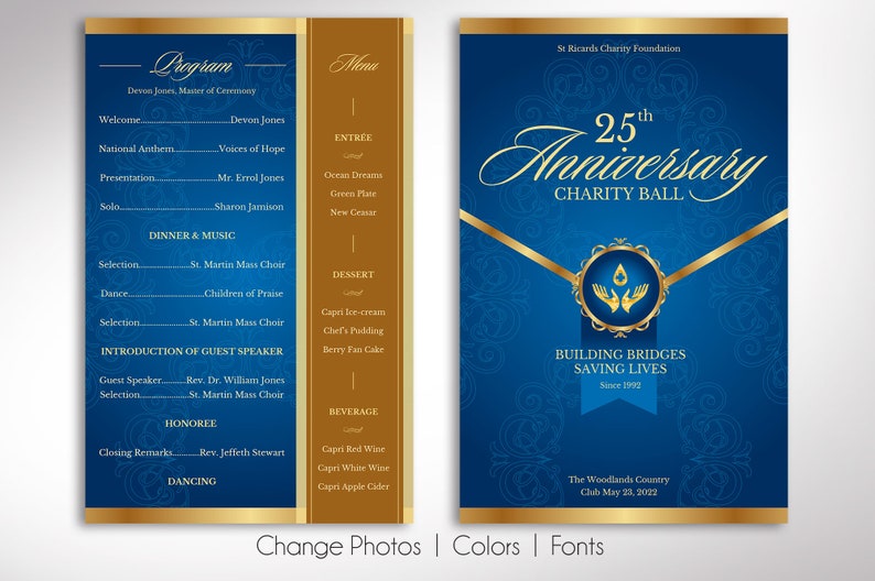 Blue Gold Anniversary Gala Program Template, Canva Template One Sheet Church Anniversary, 2 Sides Size: 5.5x8.5 in image 3