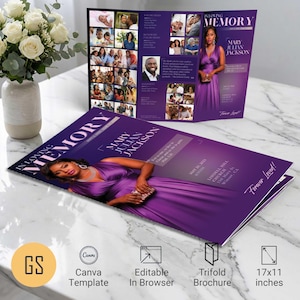 May include: A trifold brochure with a purple gradient design, featuring the text "In Loving Memory" and "Mary Julian Jackson." The brochure includes photos and the words "Forever Loved!" It measures 17x11 inches.
