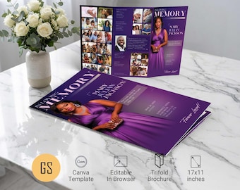 Plantilla de programa funerario Purple Dawn para Canva: obituario tríptico estilo revista tabloide (11x17) Descarga digital