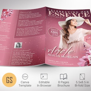 Plantilla de programa de funeral rosa para Canva, Floral Essence Pink, entierro de 8 páginas, estilo revista, celebración de la vida, obituario de mujeres, 5,5 x 8,5"