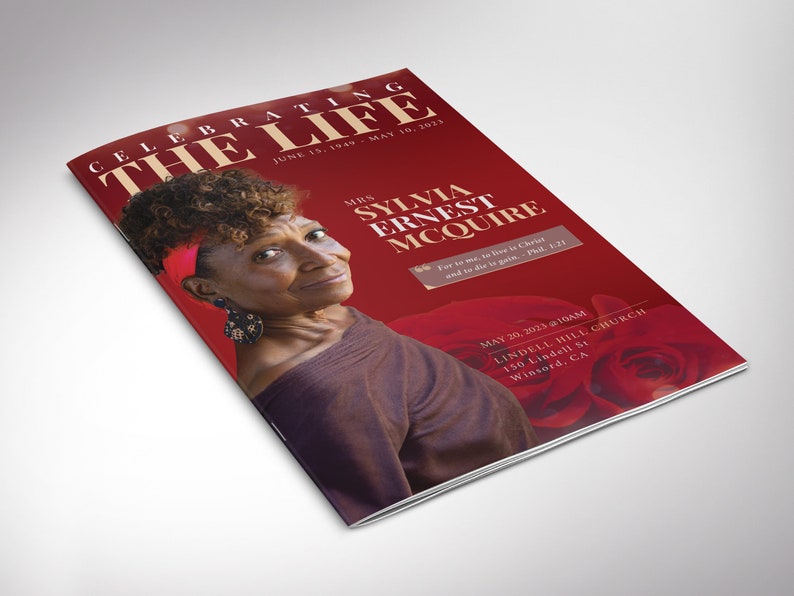 Red Gold Life Funeral Program Template, Canva Template, Magazine Style, Celebration of Life, 8 Pages, 5.5x8.5 in image 5