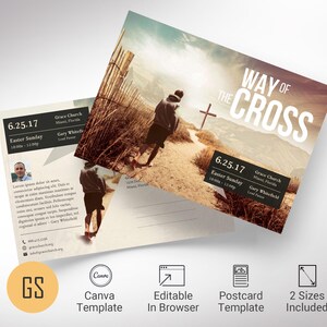 Modello di cartolina di Pasqua Cross Way, Canva, invito alla chiesa, volantino del giorno della Resurrezione del Venerdì Santo, conforme a EDDM, digitale stampabile, 2 dimensioni