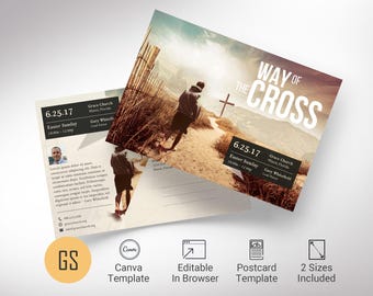 May include: A postcard template for a church service. The postcard features a photo of a person walking on a path towards a cross with the text "Way of the Cross" and the date "6.25.17". The text "Easter Sunday" and the time "10:00-12:00" are also included.