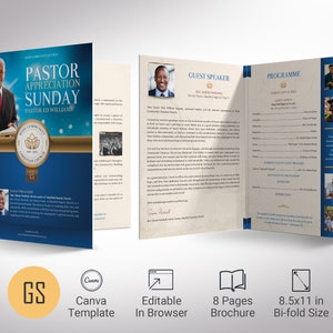 Pastor Appreciation Program Template: Blue & Gold Church Bulletin (Canva, 11x17&quot;)