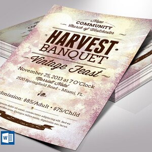 Plantillas para volantes de banquetes de cosecha vintage, Word y Publisher, invitación a la iglesia, volante de cosecha, 4 fondos, 4 x 6 pulgadas
