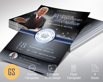 Blue Black Pastor Anniversary Flyer Template, Canva Template | Pastor Appreciation, Banquet Invitation | 4 Sizes