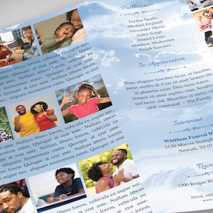 This gorgeous Blue Forever Legal Trifold Funeral Program Template for Canva is 14x8.5 inches and is the perfect way to honor and remember your loved one as you create a lasting legacy of their life. This timeless celebration of life design features