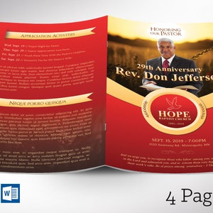 Pastor Anniversary Program Template: Red and Gold, 4-Page (Word & Publisher)