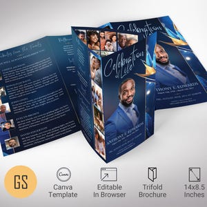 May include: A blue and gold trifold funeral program template with a photo collage and the text "Celebration of Life" and "Anthony E. Edwards". The program is 14x8.5 inches and is editable in a web browser.