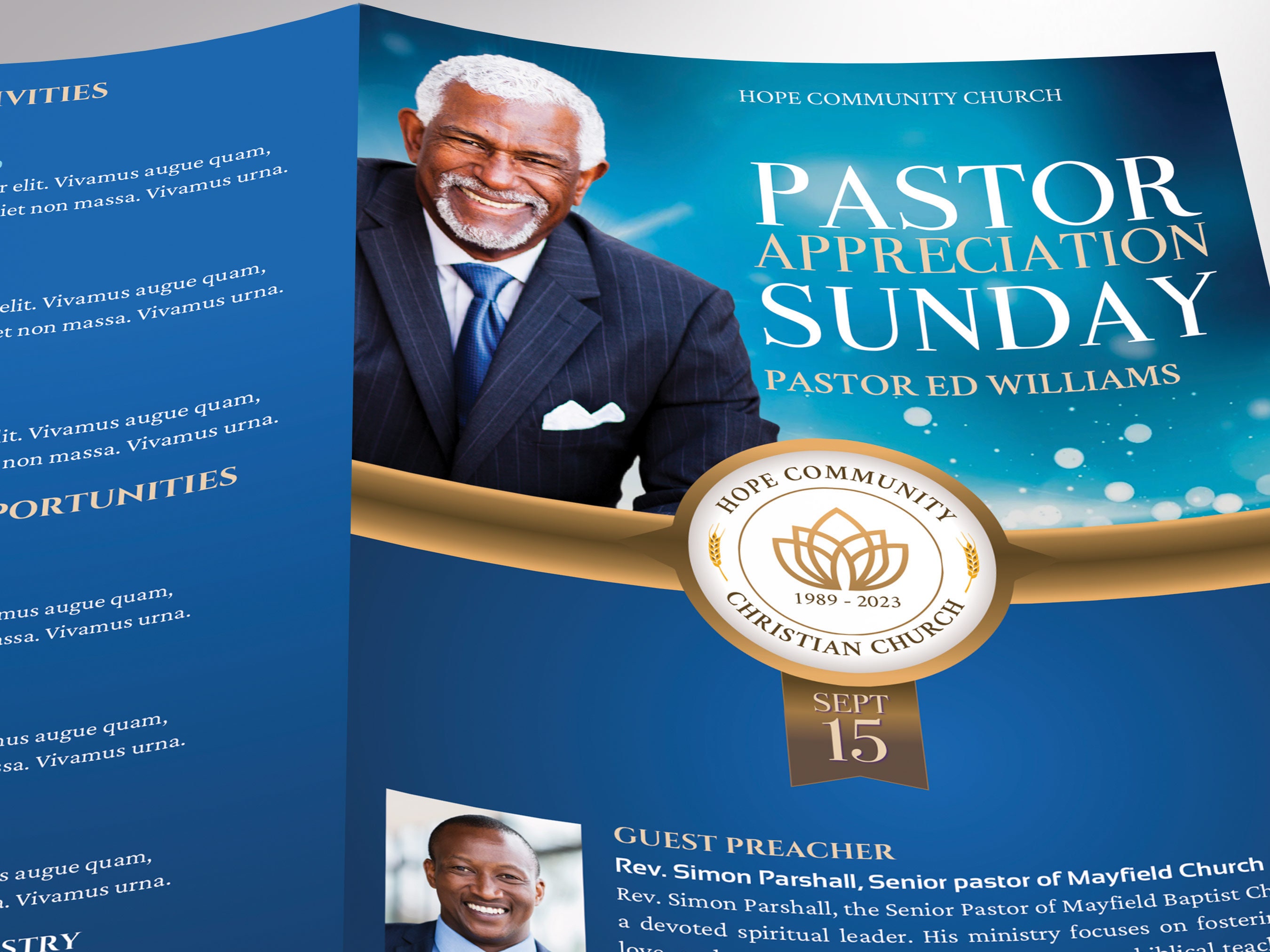 Blue and Gold Pastor Appreciation Program Template (canva, 5.5x8.5 In ...