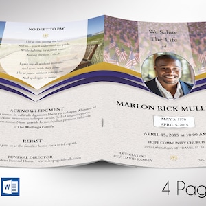 May include: A funeral program with a photo of a man in a suit and tie. The program is decorated with a blue and gold ribbon and a background of American flags. The program includes the name Marlon Rick Mullings, dates of birth and death, and information about the funeral service. The text "We Salute The Life of" is at the top of the program.