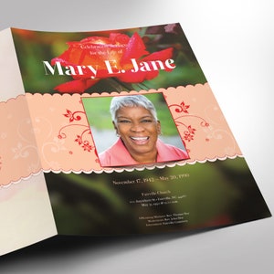 Orange Red Rose Tabloid Funeral Program Template, Word Template, Publisher, Celebration of Life, 4 Pages, 11x17 inches image 4