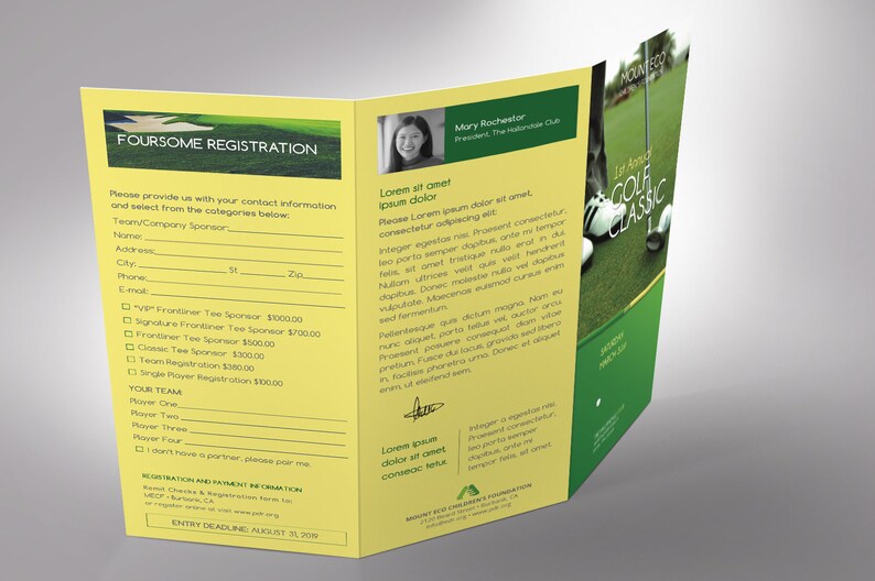 Charity Golf Tournament Trifold Brochure Template, Word-Vorlage, Verlag, Golfspiele, grün, gelb, 11x21,5 cm Bild 7