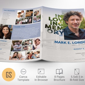 Modern Funeral Program Template: Blue & White, 8-Page Canva (Digital Download)