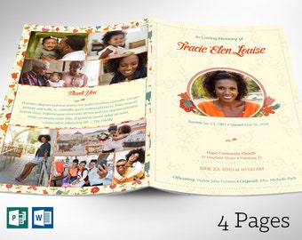 Beige Floral Funeral Program Template | Word & Publisher: 4-Page Bifold Memorial Obituary (5.5x8.5) Digital Download