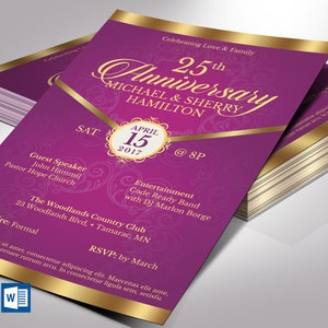 Purple Magenta Anniversary Gala Flyer Template | Word Template, Publisher | Celebration of Life | 5.5x8.5 inches