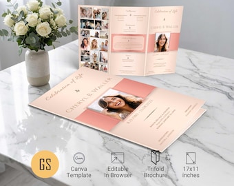 Plantilla de programa funerario en oro rosa para Canva: obituario tríptico tabloide (11x17) Descarga digital