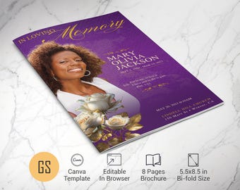 Purple Floral Funeral Program Template | Canva: 8-Page Rose Memorial Obituary (5.5x8.5) Digital Download