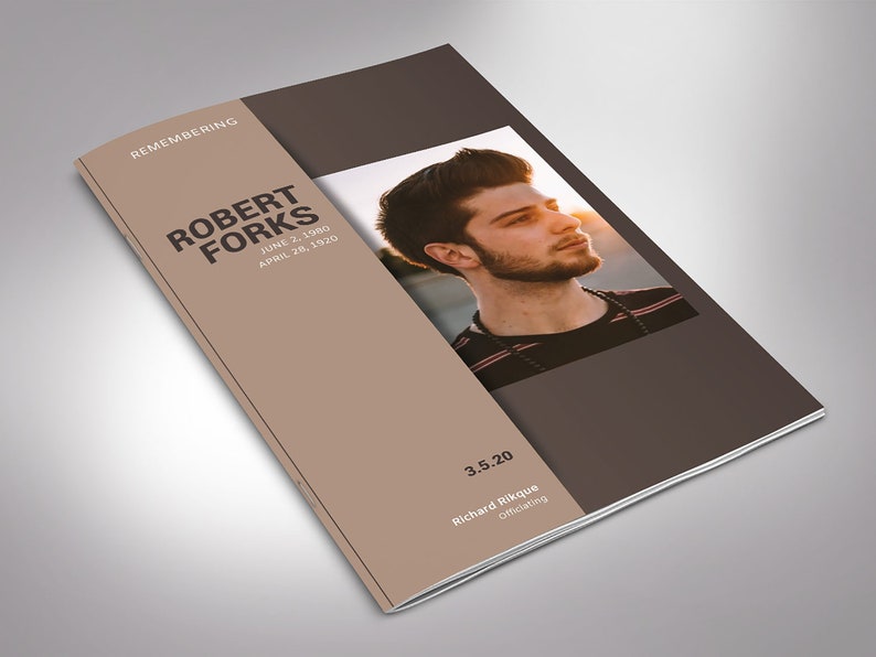 Capture the essence of your loved ones life with our Brown Funeral Program Template for Word and Publisher. This modern and stylish template features 8 pages, with a print size of 11x8.5 inches, elegantly folded to a bi-fold size of 5.5x8.5 inches.