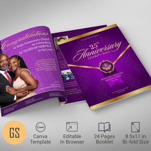 May include: A bi-fold booklet with a purple and gold design. The cover reads "25th Anniversary Charity Ball" and "Building Bridges Saving Lives." Inside, it says "Congratulations to Hope Community Church on Celebrating 55 Years of Service."