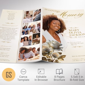 Plantilla clásica de programa funerario de rosas, Canva, beige dorado, estilo revista, obituario de mujer, celebración de la vida, 8 páginas, plegable, 5,5 x 8,5 pulgadas