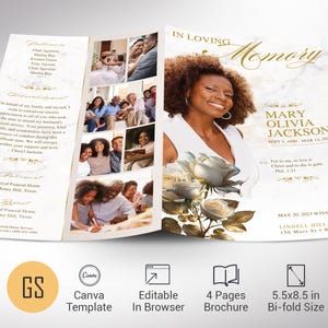 Plantilla clásica de programa funerario de rosas, Canva, oro blanco, estilo revista, obituario femenino, celebración de la vida, 4 páginas, plegable, 14 x 21 cm
