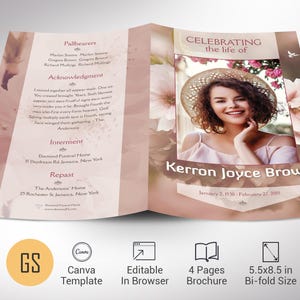 May include: A pink and white floral themed funeral programme with a photo of a woman wearing a straw hat. The programme includes the name Kerron Joyce Brown and the dates 2 January 1930 - 27 February 2015. The programme also includes sections for pallbearers, acknowledgment, interment, and repast.