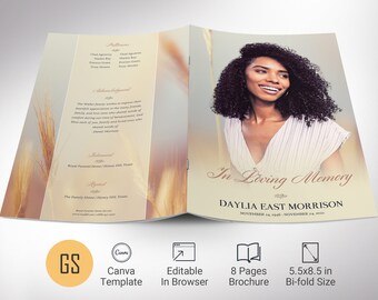 Beige Floral Funeral Program Template for Canva: 8 Page Bifold Memorial Obituary (5.5x8.5) Digital Download