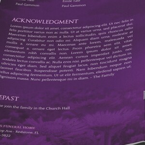 Purple Sky Funeral Program Word and Publisher Template have 8 Pages and is decorated with beautiful ornaments, doves, and a flourishing landscape over a beautiful purple background. The Print Size is 11x8.5 inches and it Bi-Fold to 5.5x8.5 inches.