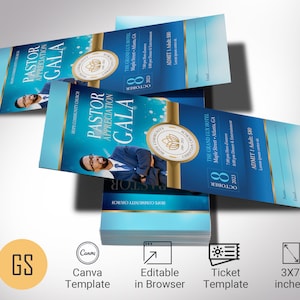 Pastor Anerkennung Bankett Ticket Vorlage, Canva, Blau Gold, Jubiläum der Kirche, Benefizveranstaltung, bearbeitbarer druckbarer Download, 3 x 7 Zoll