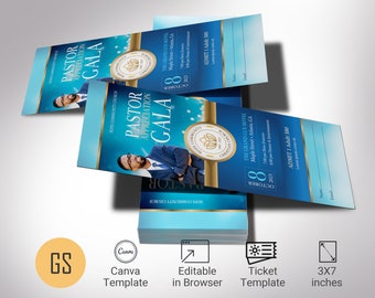 Pastor Appreciation Banquet Ticket Template, Canva Template, Blue Bronze | Church Anniversary, Fundraiser Event | 3x7 in