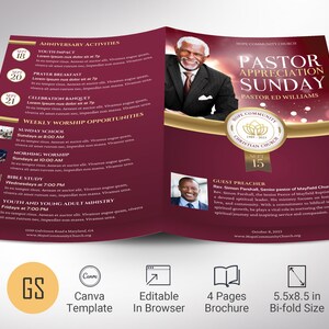 Pastor Appreciation Program Template: Burgundy Gold Church Event (Canva, 5.5x8.5&quot;)