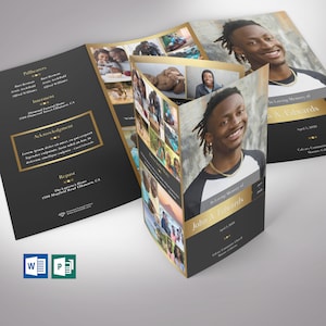 Gold and Black Funeral Program Template: Trifold Memorial (Word & Publisher, 14x8.5 in, Digital Download)
