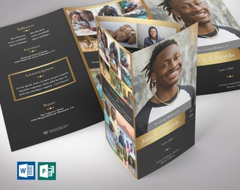 Gold and Black Funeral Program Template: Trifold Memorial (Word & Publisher, 14x8.5 in, Digital Download)