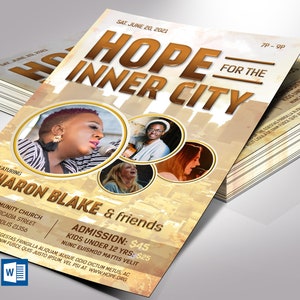 Gospel Concert Flyer Template for Word and Publisher. Measuring 5.5x8.5 inches, this versatile concert invitation features a rustic cityscape and photo placeholders for up to four guest artists, making it perfect for gospel concerts, talent shows