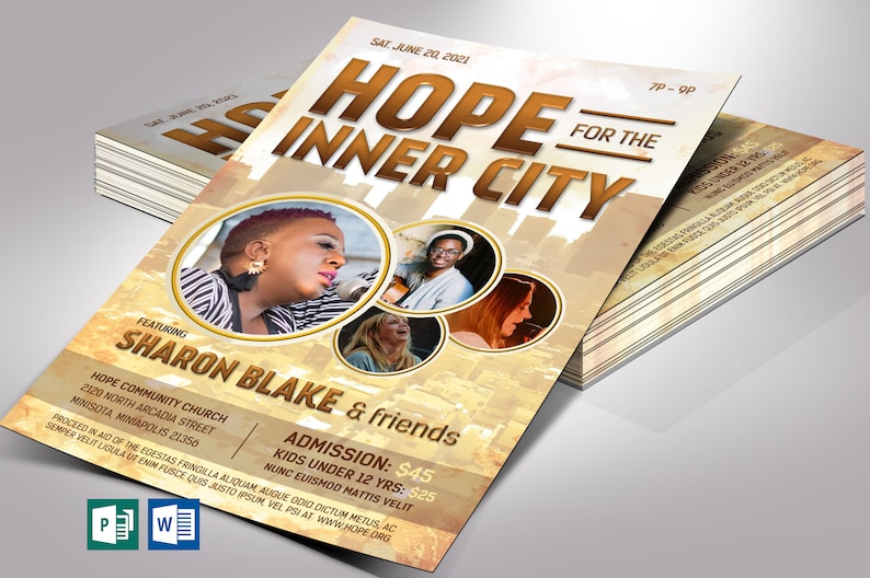 Gospel Concert Flyer Template for Word and Publisher. Measuring 5.5x8.5 inches, this versatile concert invitation features a rustic cityscape and photo placeholders for up to four guest artists, making it perfect for gospel concerts, talent shows