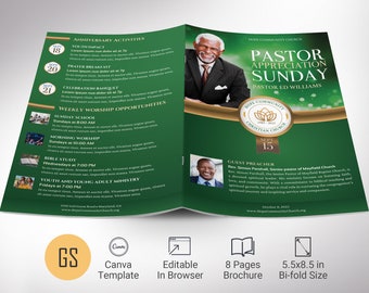 Plantilla de programa de reconocimiento pastoral verde y dorado: Evento de la iglesia (Canva, 5.5 x 8.5 pulgadas, descarga digital)