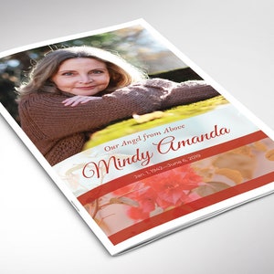 Cherry Funeral Program Word and Publisher Template has 8 pages and is designed with a Bougainvillea Flower and red cherry color. The Print Size is 11x8.5 inches, and it is Bi-fold to 5.5x8.5 inches. Designed for a funeral or memorial service.