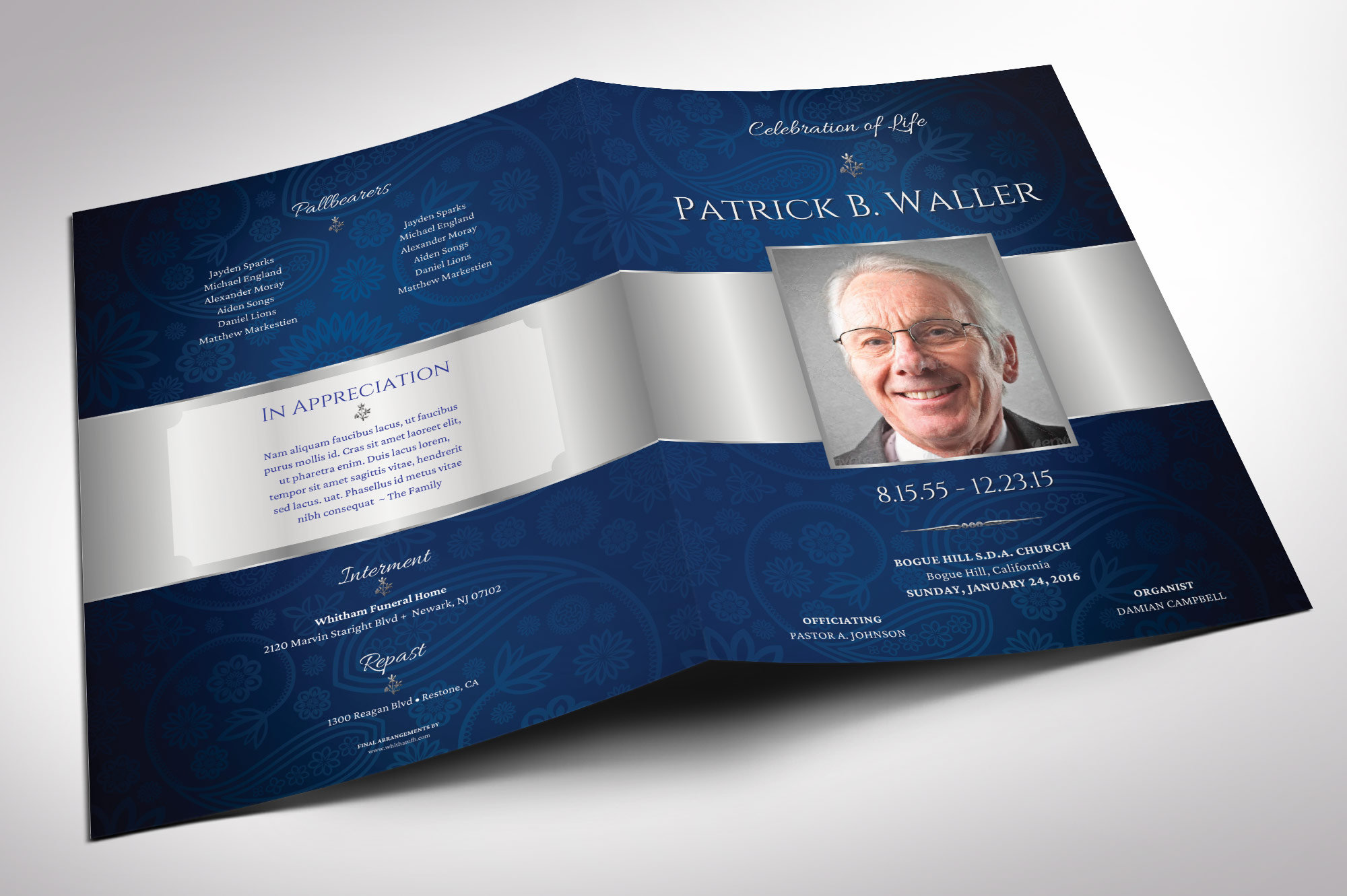 Congress Blue & Silver Funeral Program Template for Canva: 8-page ...