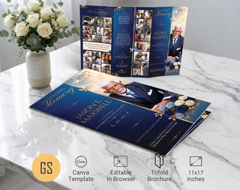Blue Rose Funeral Program Canva Template 11x17 Tabloid Trifold Obituary Booklet (Instant Download)