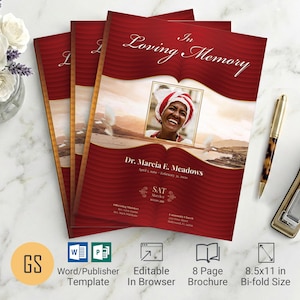 Red and Gold Waves Funeral Program Template | Word and Publisher: 8-Page Bifold Obituary (8.5x11)