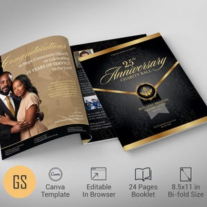 May include: A brochure for the 25th Anniversary Charity Ball. The cover is black with gold accents and the text "25th Anniversary Charity Ball". The brochure is 8.5x11 inches in bi-fold size. The brochure is a Canva template with 24 pages.