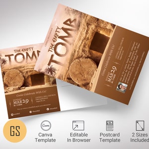 Modello di cartolina per chiesa di Pasqua con tomba vuota Canva, invito alla chiesa per il servizio pasquale, domenica di Resurrezione, stampabile modificabile, conforme a EDDM