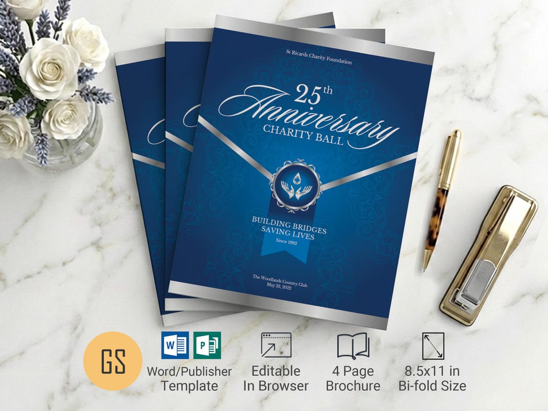 Silver Front Program Cover Blue & Silver Anniversary Program Template for Word and Publisher: 4 ...