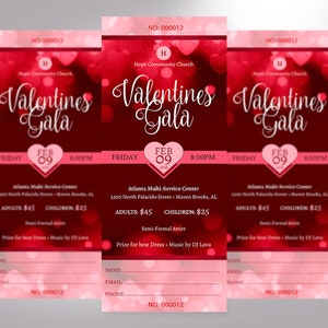 Red Hearts Valentines Day Gala Ticket Template for Templett dot com is size 3x7 inches. It features red heart background sprinkled with pink for Valentine's Day fundraising events. Perfect for churches and non-profit organizations.