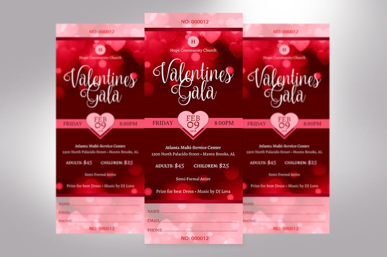 Red Hearts Valentines Day Gala Ticket Template for Templett dot com is size 3x7 inches. It features red heart background sprinkled with pink for Valentine's Day fundraising events. Perfect for churches and non-profit organizations.