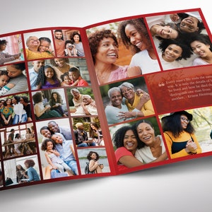 Say goodbye to the traditional, regular funeral program with the Twilight Tabloid Funeral Program Template for Canva (8 pages, 17x11 inches, bifold to 8.5x11 inches). This expressively designed twilight brick red celebration of life bi-fold brochure