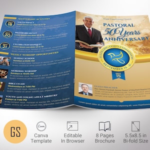Church Anniversary Program Template: Blue & Gold Banquet (Canva, 5.5x8.5&quot;, Digital Download)