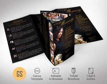 Plantilla para programa funerario Rose: Negro y dorado, obituario tríptico (Canva, 14x8.5 pulgadas, descarga digital)