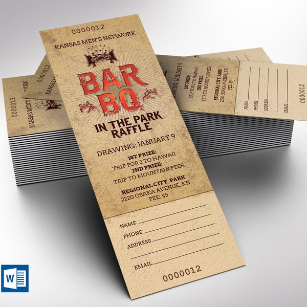 Barbecue Raffle Ticket Template for | Word Template, Publisher | Family Reunion, Beach Day | Editable Title | 2x6 in